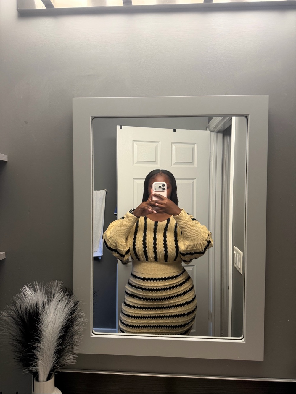 Striped Knit Midi Dress in Cream and Black